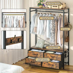 Freestanding Clothes Rack, Garment Holder for Hanging, Heavy Duty Closet Organizer with 4 Drawers, 4 Hooks and Shelves, Wardrobe Storage for Bedroom, Living Room