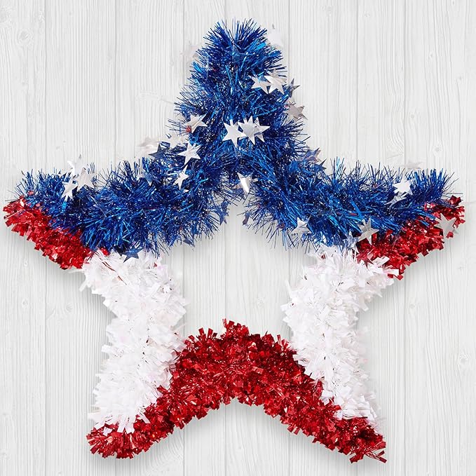 VeriNatural 4th of July Decorations - 19.5in Patriotic Red White and Blue Star Wreath - Independence Day Tinsel Wreath for Indoor Outdoor,Golf Cart, Party,Door and Wall Hanging Decor