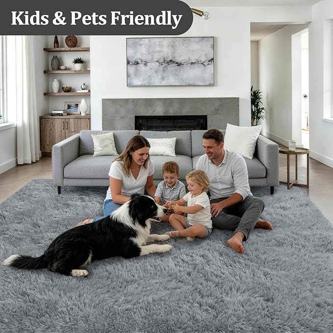 Fluffy Area Rugs 9x12 Living Room Bedroom: Ultra Soft Shag Rug Upgrade Non-Slip Non-Shedding Large Fuzzy Plush Carpet Indoor Floor Carpets for Kids Room Playroom Nursery Dorms Home Decor Light Gray