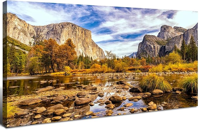 Yosemite Valley Mountain Wall Art Panorama of National Park Canvas Prints Nature Landscape Pictures Wall Decor Fall Stream Forest Painting Artwork for Living Room Bedroom Office Home Decorations