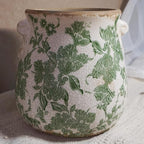 Vintage Ceramic Vase with Green Floral Pattern, White and Green, Crackle Glazed Finish, Decorative Garden Design (Large - Belly Jar with Drainage Hole)