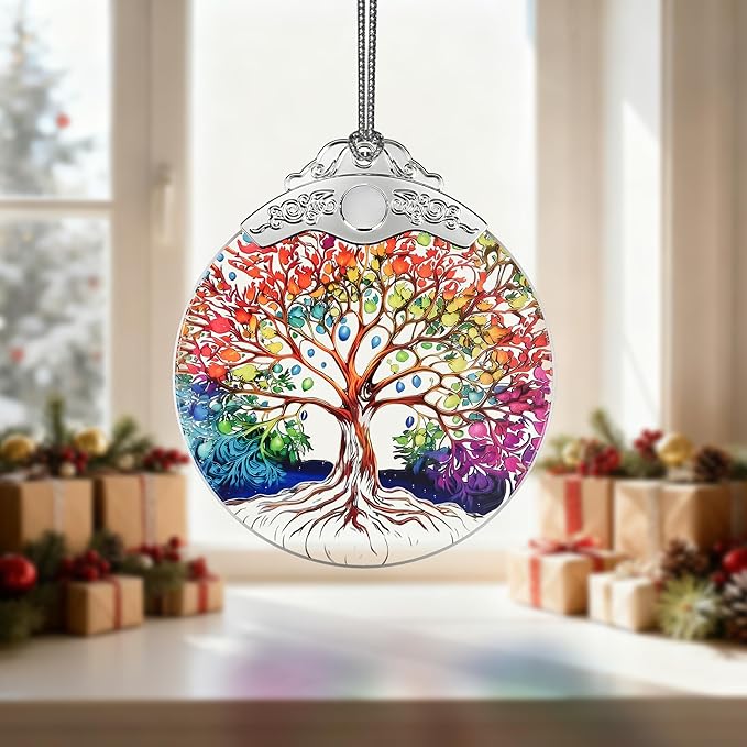Tree of Life Stained Glass Ornament, Crystal Ornaments for Christmas Tree Decorations, Holiday Presents Idea, Car Hanging Ornaments, Car Charm, Mirror Accessories