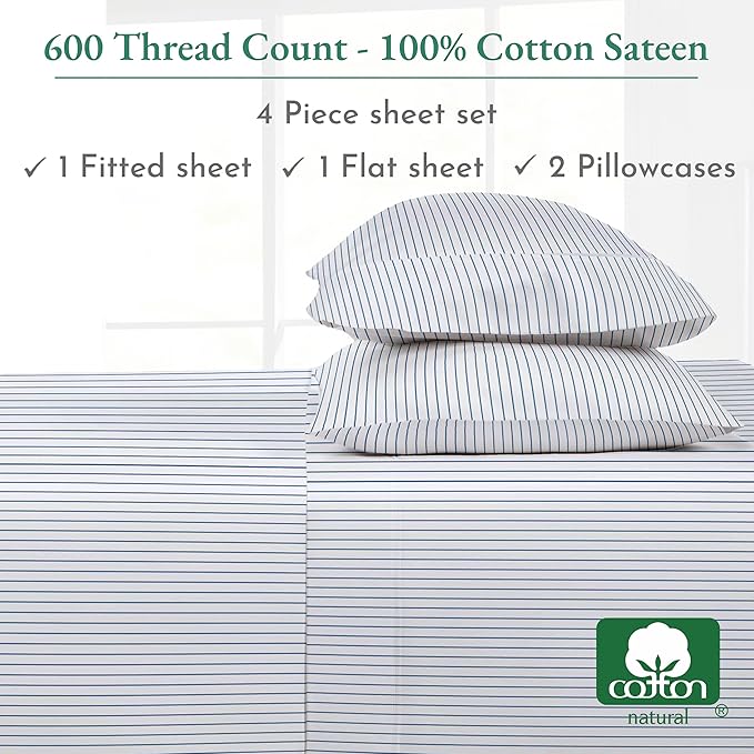 California Design Den Printed Striped Cal King Sheet Set - 600 Thread Count, 100% Cotton Sateen, Premium Deep Pocket California King Sheets - Classic Blue Stripe Print
