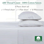 California Design Den Printed Striped Bed Sheets Full Size Set - 600 Thread Count, 100% Cotton Sateen, Premium Deep Pocket Full Sheet Set - Classic Blue Stripe Print