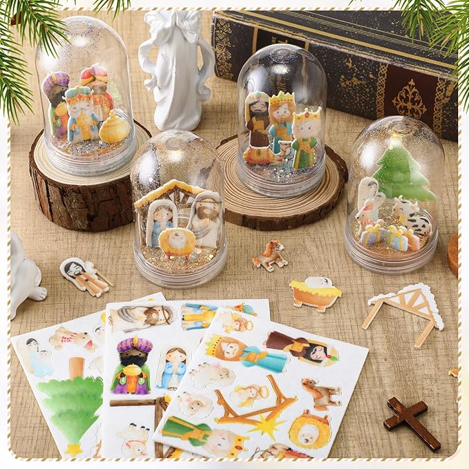 Soulchen 21 Sets Nativity DIY Snow Globe Kit VBS Crafts Plastic Glitter Snow Globes Religious Bible Arts Kit for Sunday School Activities Christian Crafts Bible Story Decorations