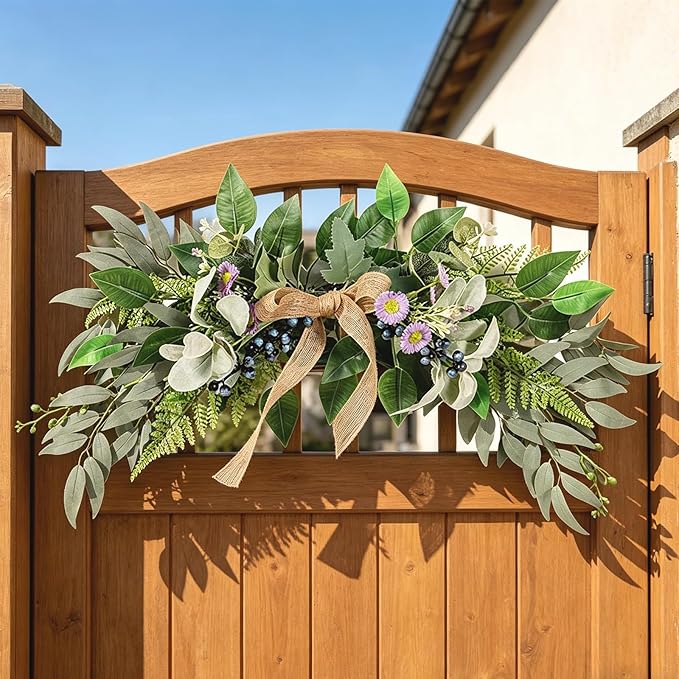 Artificial Flower Swag with Daisies, Berries & Bow, 21.7 Inch Farmhouse Greenery for Wedding, Wall, Door Decor