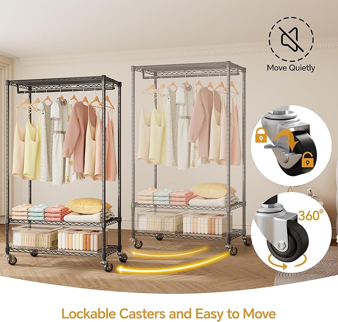 H4 Heavy Duty Clothes Rack with Cover, Rolling Garment Rack on Wheels, Portable Closet for Hanging Clothes, Black Clothing Rack with Grey Cover, Max Load 380LBS