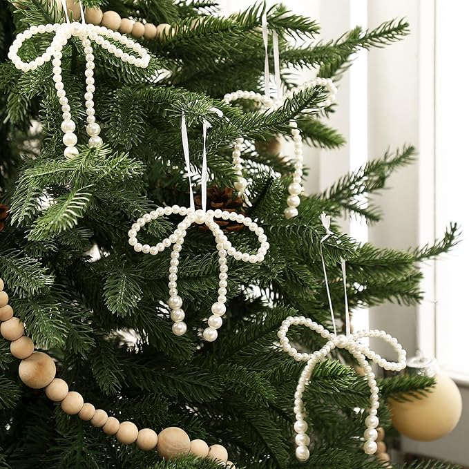 VioraWhite 12 Pcs Pearl Bow Ornaments Bowknot Tree Topper Decor Hanging Ornament Pendant Gift for Wedding Birthday Party Indoor Decoration (White)
