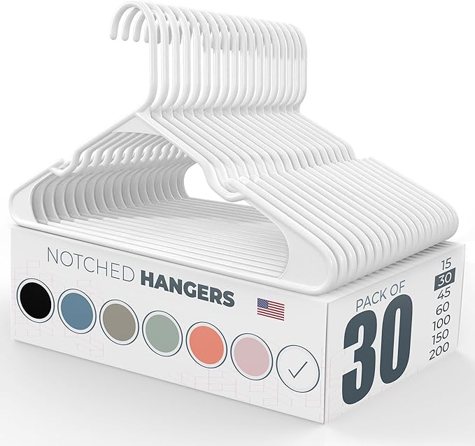 Neaties Plastic Hangers 30 Pack – Made in The USA – 6lb Capacity Standard Clothes Hangers with Notches and Reinforced Edges for Dresses, Lingerie, Shirts, Pants, and Jackets – White