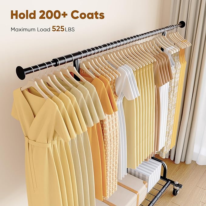 HOKEEPER Clothes Rack Collapsible Clothing Garment Rack Capacity 525LBS Clothing Racks on Wheels Heavy Duty Rolling Clothes Rack for Hanging Clothes for bedroom, Commercial, Black 22"D x 75"W x 71"H