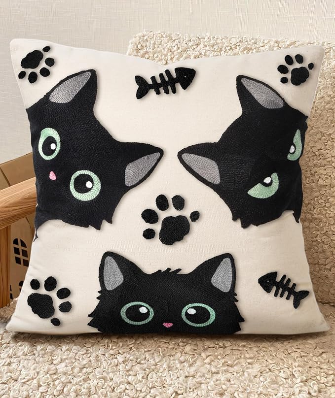 Embroidered Throw Pillow Cover 20x20 Inch - Spring Summer Boho Decorative Pillow Cover with Zipper for Living Room Couch Sofa Bed Aesthetic Design Cat Bone Cushion Pillowcase