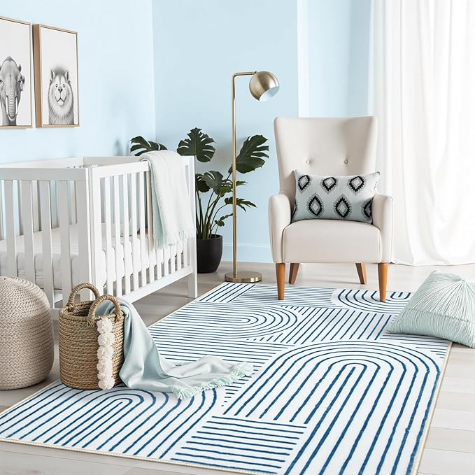 Lahome Abstract Washable Rugs, 4x6 Blue Rug for Bedroom Nursery Soft Non Slip Modern Living Room Rug, Ultra-Thin Non-Shedding Throw Carpet for Entryway Kitchen Office(4'x6',Blue/White)