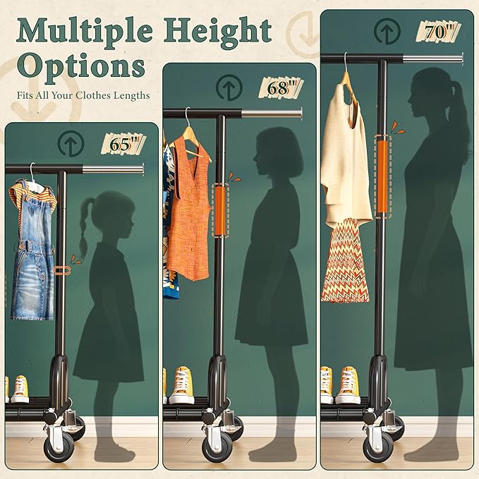 Raybee Clothes Rack Heavy Duty Load 530 LBS, Clothing Racks for Hanging Clothes, Rolling Clothing Rack, Extendable Adjustable Portable Clothes Rack, Metal Garment Rack, Black