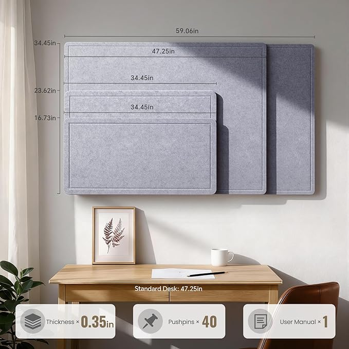 Large Bulletin Board, 35 X 24 Inches Felt Cork Board with 40 Pushpins, Foldable Felt Notice Pin Board Photo Display Board with Self-Adhesive Tape for Office Home School (Light Gray, 35x24 inch)