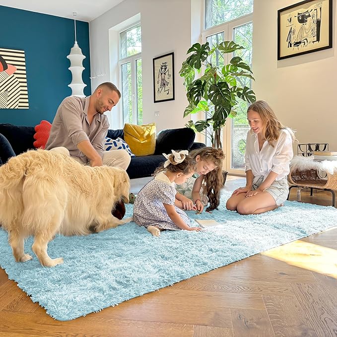 OLANLY 6x9 Machine Washable Large Area Rugs for Living Room, Bedroom, Soft Fluffy Shaggy Bedside Rug, Indoor Floor Carpet for Kids Girls and Boys, Dorms, Nursery, Home Decor Aesthetic, Light Blue