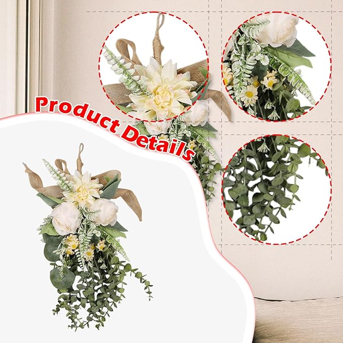 Fancyes Artificial Floral Teardrop Swag Silk Flower Hanging Garland Decorative Ornament Reusable Wall Accent Suitable for Gift Giving Home Decoration Office W, Champagne Color