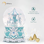 Carousel Music Box Silver Turquoise Christmas Snow Globes, 7.1" Glass Rotate Carousel Snow Globe for Kids & Adults, Classic Wind up Musical Snow Globe Valentines Day Gifts, Carousel Horse Home Decor