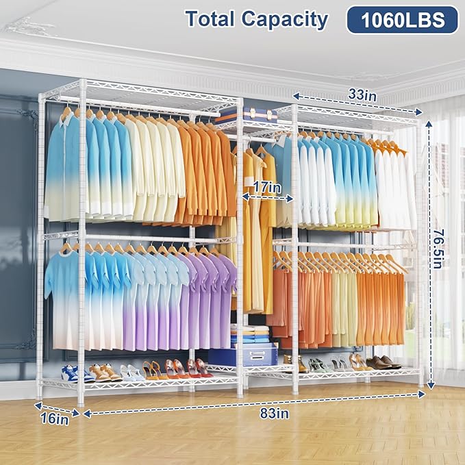Ulif E12 Max Clothes Rack，Heavy Duty Freestanding Garment Rack with Shelves，Metal Clothing Closet Storage System for Hanging Clothes，83" W x 16" D x 76.5" H, Hold 1060 lbs，White