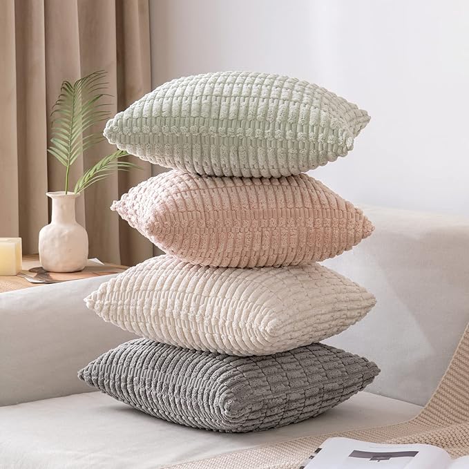 MIULEE Pack of 2 Spring Corduroy Decorative Throw Pillow Covers 16x16 Inch Soft Boho Striped Pillow Covers Modern Farmhouse Home Decor for Summer Sofa Living Room Couch Bed Light Green