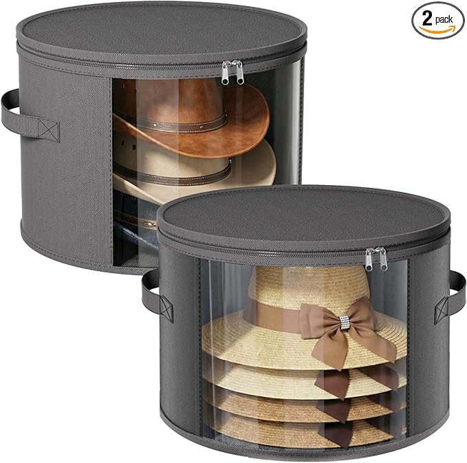 Ofiray-home 2 Pack Large Clear Hat Storage Boxes, Hold up to 7-9 Hats, Hat Organizer for Closet, Durable & Foldable, Hat Box with Carrying Handles for Round Brim, Wide-Brim, Cowboy, Sun Hat (Gray)