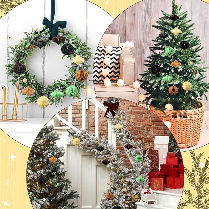 TecUnite 50 Pcs Christmas Paper Honeycomb Ornaments for Tree Vintage 3D Mini Glitter Edge Paper Christmas Ornament Honeycomb Tree Hanging Neutral Boho Holiday Xmas Party Decoration(Neutral)