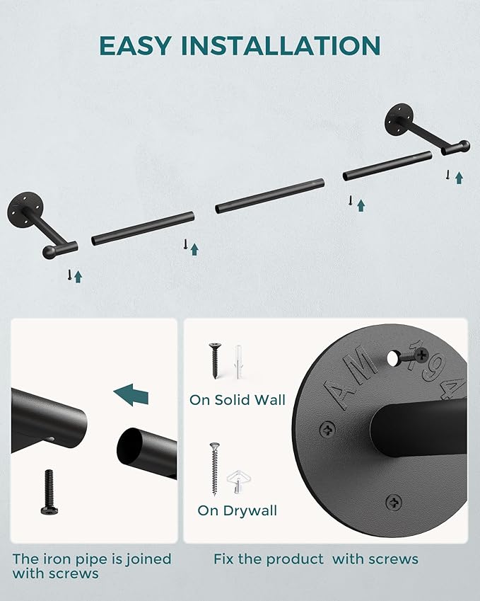 OROPY Industrial Pipe Clothing Rack, Wall Mounted Clothes Rack, Closet Rods For Hanging Clothes, 33" Multi-purpose Hanging Rod for Laundry Room, Bedroom and Closet Storage