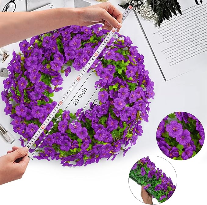 20 Inch Spring Summer Floral Wreath, Violet Artificial Silk Flowers with Green Eucalyptus Leaves, Farmhouse Faux Greenery Wreath for Front Door Outdoor Wall Wedding Home Decor