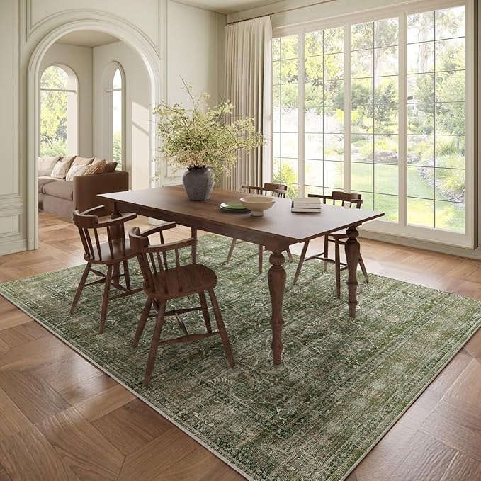 Washable 6x9 Area Rugs for Living Room, Boho Non-Slip Vintage Distress Large Rugs for Bedroom Dining Room Nursery Office, 0.3" Neutral Oriental Throw Thin Carpet, Grass Green/Multi