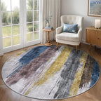 Ciicool 5ft Round Washable Rug, Modern Abstract Circle Rugs, Non-Slip Thin Lightweight Rug Yellow Blue Circular Print Distressed Carpet for Bedroom Living Room Under Dining Table Home Office Decor