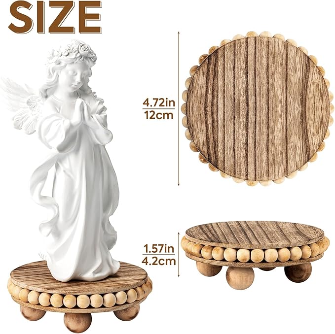HouseJoy 2Pcs Wood Risers for Display Decorative,Round Beaded Riser Distressed for Decor ,Wooden Farmhouse Coasters Mini Cake Stand Plant Stand,Rustic Pedestal Stand Decor Display Risers for Tiered