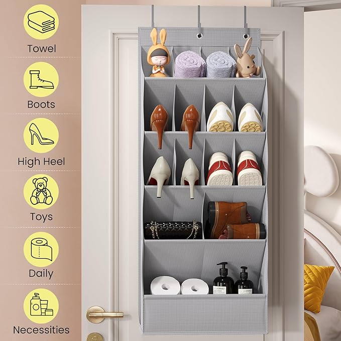 15 Pockets Over the Door Shoe Organizer, Shoe Rack for Closet Door with Large Breathable Pockets, Hanging Shoes Rack for Boots Size, Behind the Door Organizer Shoe Holder for Flexible Storage, Grey ﻿