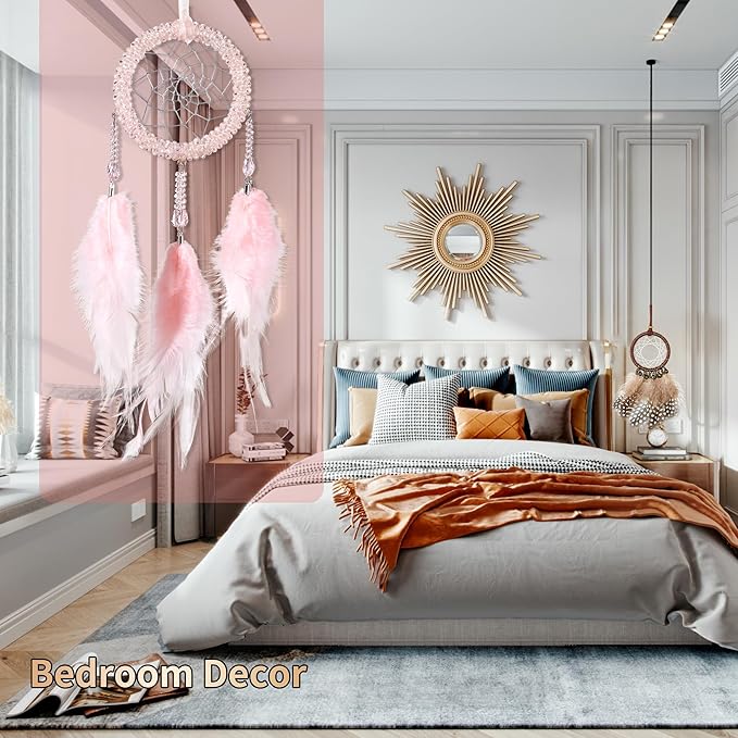 Luxury Dream Catchers - Light Pink Rooster Feather with Crystal Diamond, Handmade Small Dreamcatcher for Bedroom, A Dream Catcher for Girls, Dream Catchers for Boys, Dream Catcher Wall Decor