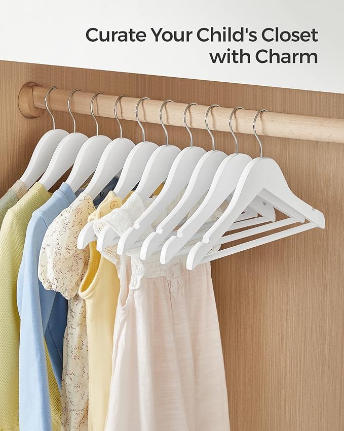 SONGMICS Kids Wooden Hangers 20 Pack, Solid Wood Baby Hangers, Children's Coat Hangers with Pants Bar, Shoulder Notches, Swivel Hooks, 12.6 x 7.5 Inches, White and Silver UCRW006W20