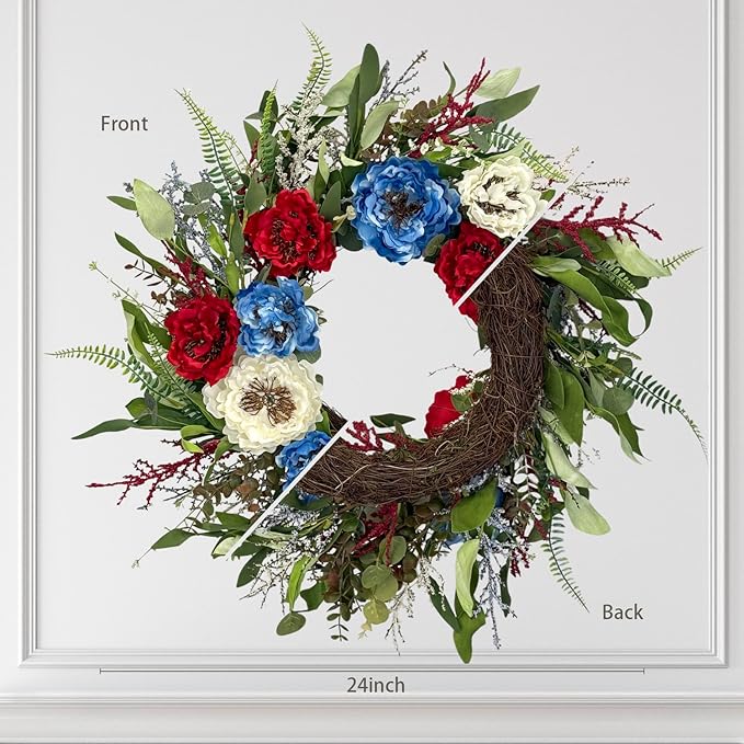 24 Inch Patriotic Wreaths for Front Door, 4th of July Wreaths for Front Door, Peony Eucalyptus Patriotic Summer Flag Wreath Handcrafted Memorial Day Artificial Flowers Wreath for Indoor and Outdoor