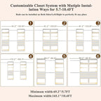 Closet System, 5.7-10.4FT Closet Organizer System with 6 Wood Drawers & LED Glasstop, Wood Walk-in Closet with 10 Hanging Rods & Trouser Rack, Built-in Wardrobe Garment Rack with Shelves & Tower,White
