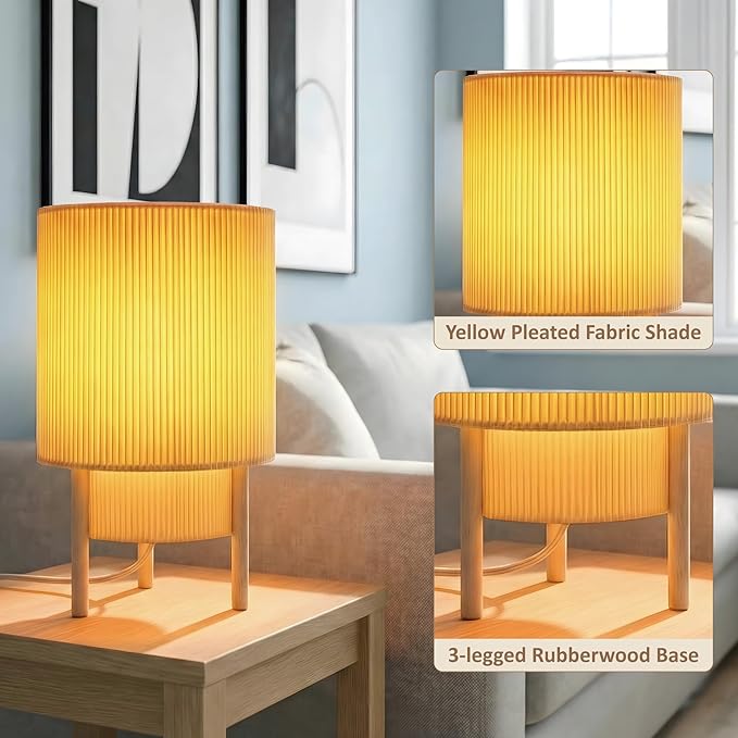Buruis 2-Tier Table Lamp with Pleated Fabric Shade, Natural Rubber Wood Stand, UL Listed, 10'' Elegant Retro Mid-Century Bedside Lamp for Bedroom, Living Room, Bookshelf, Bulb Not Included, Yellow