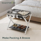Luggage Rack, Folding Luggage Rack for Guest Room, White Bamboo Suitcase Stand Holds up to 131 lb, Luggage Stand with Storage Shelf for Hotel, Bedroom (1 Pack)