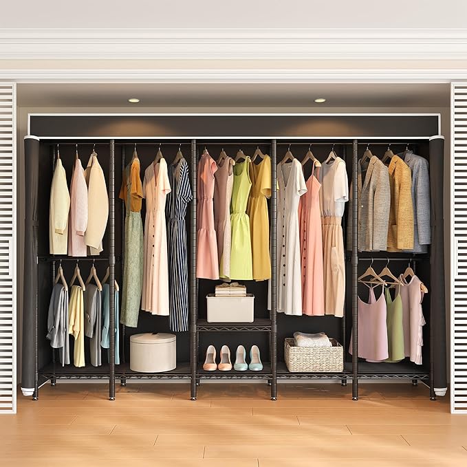 94.5"W Heavy Duty Clothing Rack with Cover, H5C Garment Rack with Adjustable Shelves Freestanding Wardrobe Closet with Hanging Rods Portable Closet, Black Rack with Black Cover, Load 1400 lbs