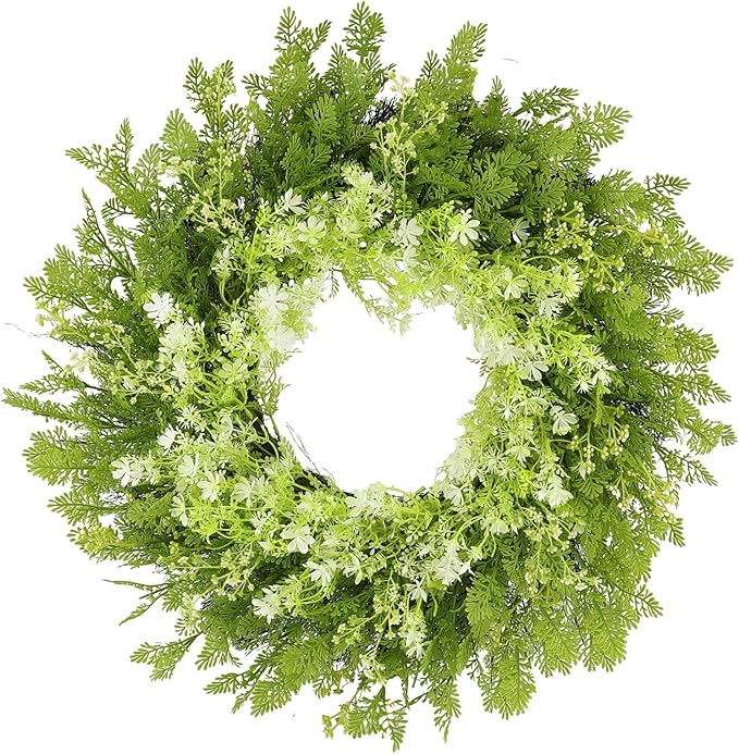 26" Spring Summer Greenery Wreath for Front Door, Large Green Wreath with Fern Leaves and White Flowers All Seasons for Indoor Outdoor Door Wall Window Porch Farmhouse All Season Home Decor