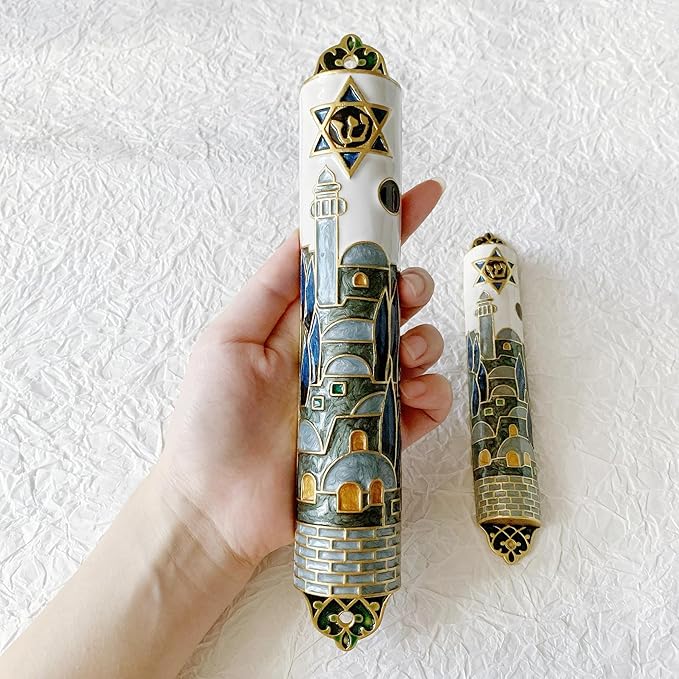 Hand Painted Mezuzah, 9.5 Inches Exquisite Enamel Mezuzah with Star of David and Jerusalem Motifs