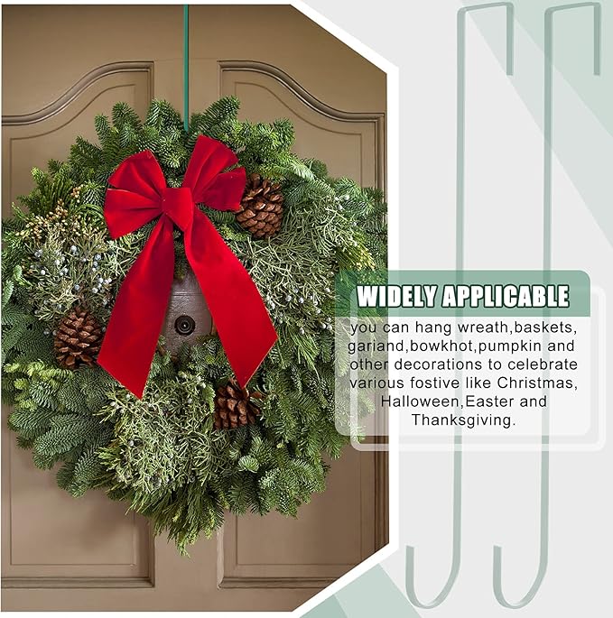 Hotop 15 Inch 4 Pcs Wreath Hangers for Front Door Steel Metal Wreath Doors Hanger Over The Door Hanger Hook Indoor or Outdoor for Christmas Halloween Front Decorations Welcome Sign(Green)