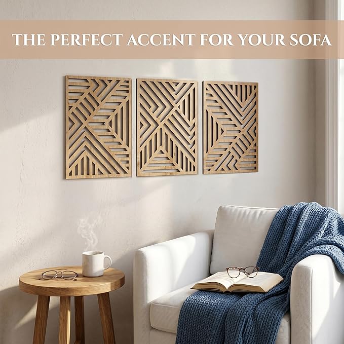qmmp Modern Wooden Wall Sculptures - Set of 3 - Home Decor Accent - Large Wall Art for Living Room, Bedroom, Office - Easy Installation (Oak, Large - Direction)