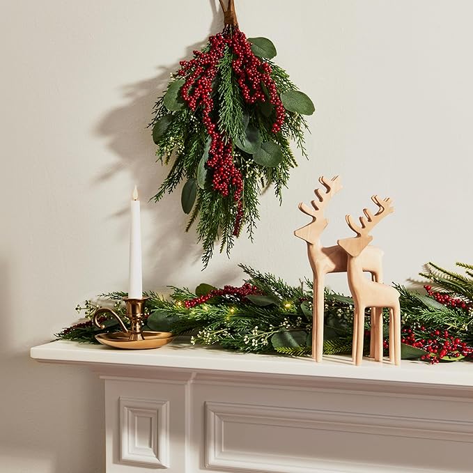 LampLust Swag for Front Door, 18 Inch Greenery with Eucalyptus and Red Berry, Teardrop Swag for Decorating, Indoor Hanging Decor for Entryways, Door or Stairways, Spring Decor, Table Centerpiece