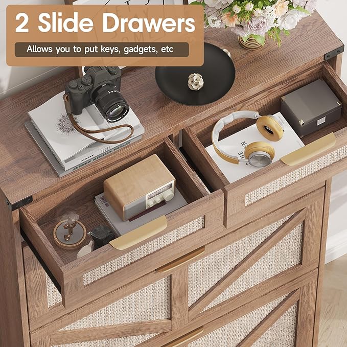 Shoe Cabinet with 3 Flip Drawers & 2 Drawers,Freestanding Shoe Storage Cabinet for Entryway,Farmhouse Narrow Slim Organizer Rack for Foyer,Hallway,Rustic Oak Rattan