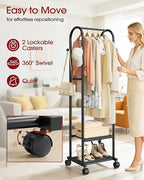 Heavy Duty Premium Clothes Rack with 2-Tier Mesh Shoe Shelves & 4 Hooks, Lockable Wheels, Space-Saving, Multi-Functional for Bedroom, Entryway, Closet, Modern Design, 18.4" x 12.6" x 72", Black