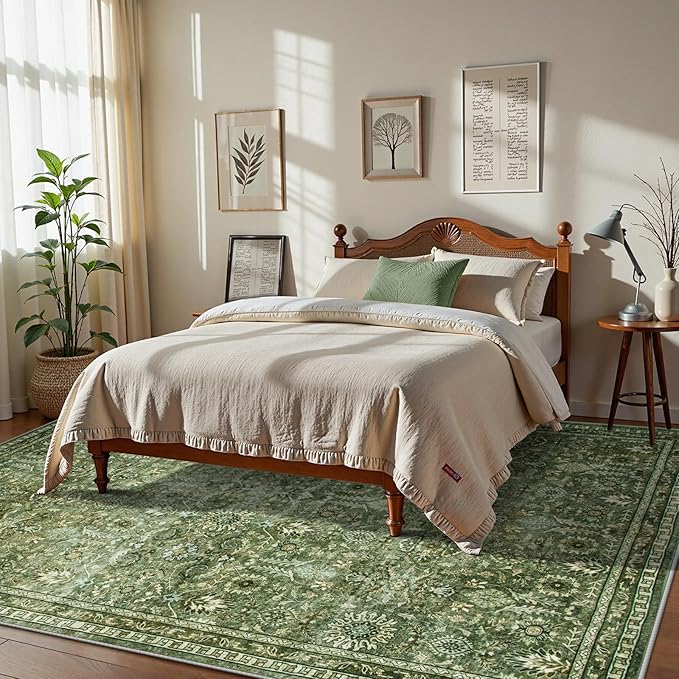Lahome Moss Green Area Rug 8x10, Machine Washable Low Pile Thin Carpet for Living Room, Non-Slip Boho Rug for Bedroom Dining Office Apartments Home Decor