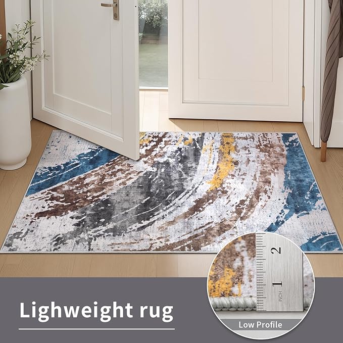 Ciicool Modern Abstract Rug for Living Room, 5x7 Machine Washable Area Rug Non-Slip Rug, Low-Pile Contemporary Indoor Dining Floor Carpet for Bedroom Office Under Table Home Decor Grey Blue Swirl