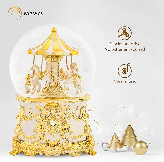 Carousel Music Box Gold & Ivory Christmas Snow Globes, 7.1" Glass Rotate Carousel Snow Globe for Kids & Adults, Classic Wind up Musical Snow Globe Birthday Gifts, Carousel Horse Home Decor