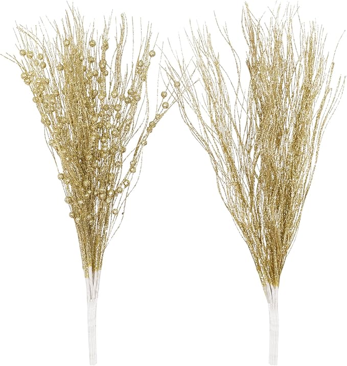 SLK 16-Pack Artificial Glitter Berry Stem Ornaments, Christmas Decorative Glittery Twigs, Picks, Branches for Tree, Wreath, Small Vase, Halloween Party (Gold)