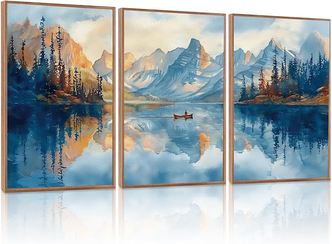 KAIRNE Landscape Wall Art Set of 3(24”X36”),Abstract Forest Canvas Paintings,Watercolor Blue Mountain Lake Prints,Framed Nature Scenery Artwork for Living Room Bedroom Home Office Gallery Decoration